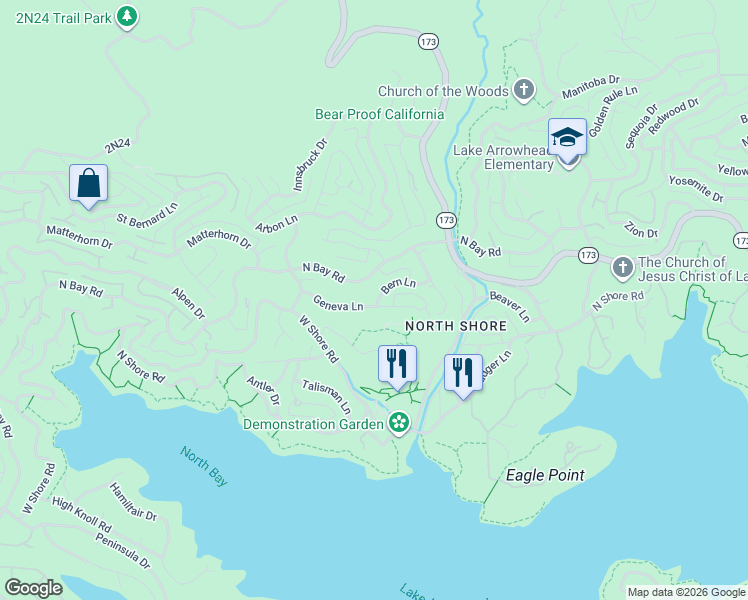 map of restaurants, bars, coffee shops, grocery stores, and more near 28220 Bern Lane in Lake Arrowhead