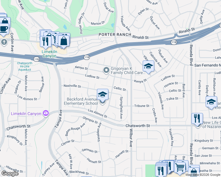 map of restaurants, bars, coffee shops, grocery stores, and more near 19040 Celtic Street in Los Angeles