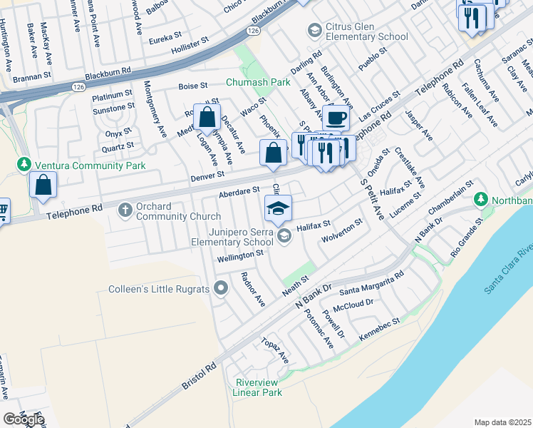 map of restaurants, bars, coffee shops, grocery stores, and more near 1282 Swansea Avenue in Ventura