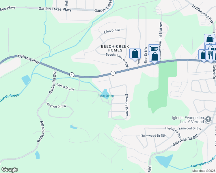 map of restaurants, bars, coffee shops, grocery stores, and more near 1 North Kenora Drive Southwest in Rome