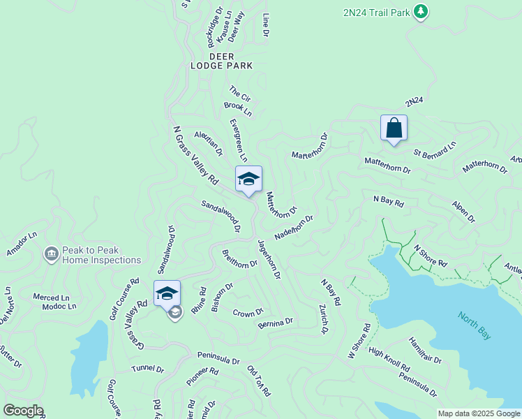 map of restaurants, bars, coffee shops, grocery stores, and more near 1039 Grass Valley Road in Lake Arrowhead