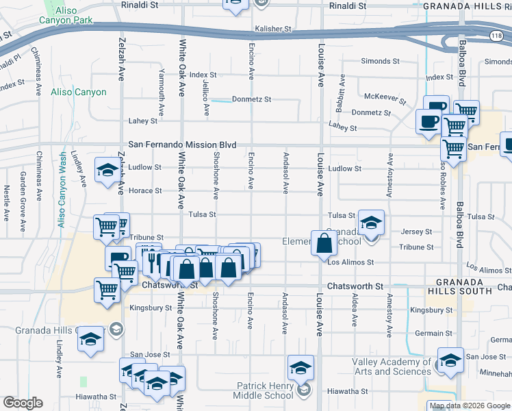 map of restaurants, bars, coffee shops, grocery stores, and more near 10914 Encino Avenue in Los Angeles