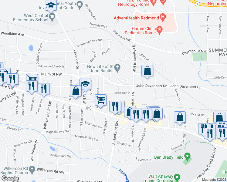 map of restaurants, bars, coffee shops, grocery stores, and more near 706 Excelsior Street in Rome