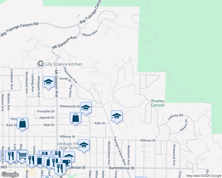 map of restaurants, bars, coffee shops, grocery stores, and more near 7450 Chanteclair Court in Los Angeles