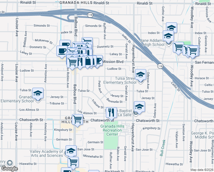 map of restaurants, bars, coffee shops, grocery stores, and more near 10926 Ruffner Avenue in Los Angeles