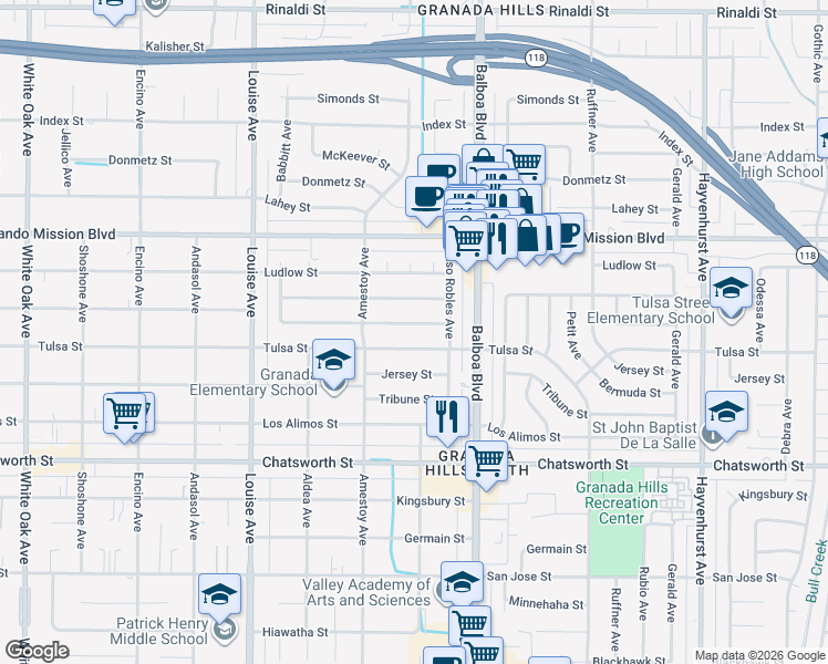 map of restaurants, bars, coffee shops, grocery stores, and more near 17062 Celtic Street in Los Angeles