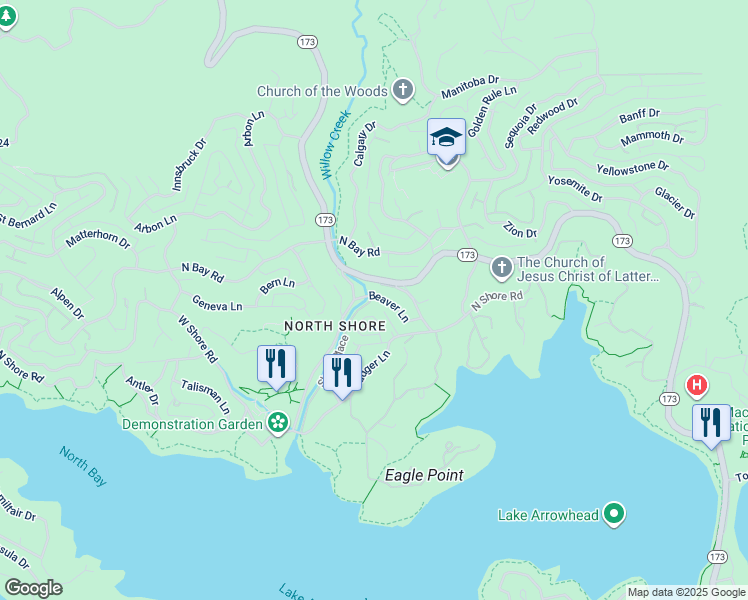 map of restaurants, bars, coffee shops, grocery stores, and more near 1076 Beaver Lane in Lake Arrowhead