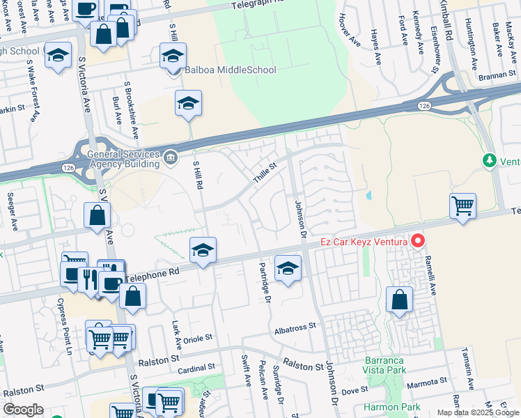 map of restaurants, bars, coffee shops, grocery stores, and more near 870 Murdoch Ln in Ventura