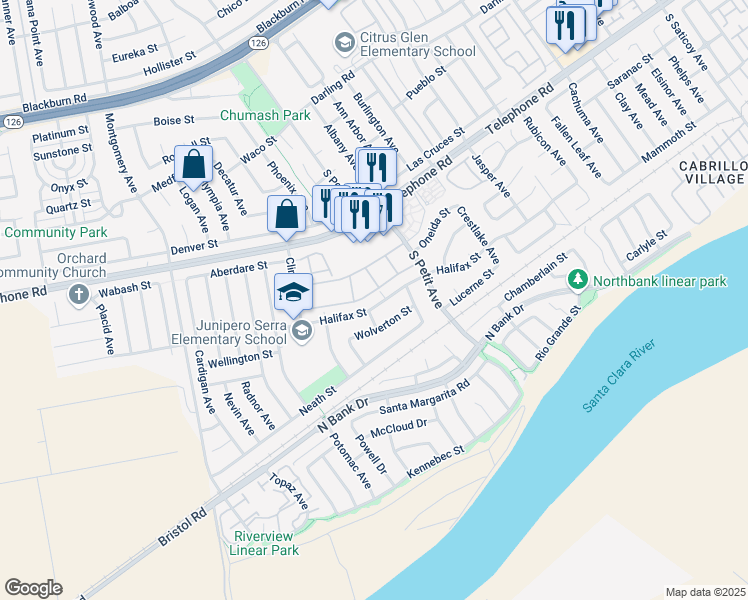 map of restaurants, bars, coffee shops, grocery stores, and more near 9177 Halifax Street in Ventura