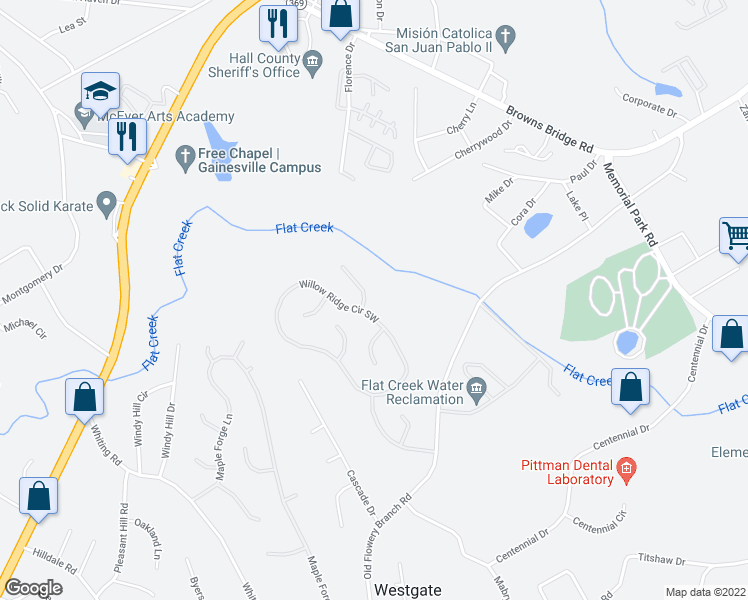 map of restaurants, bars, coffee shops, grocery stores, and more near 3110 Ridgemont Trce Southwest in Gainesville