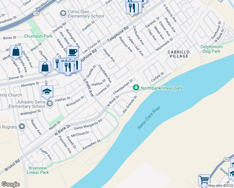 map of restaurants, bars, coffee shops, grocery stores, and more near 9682 Chamberlain Street in Ventura