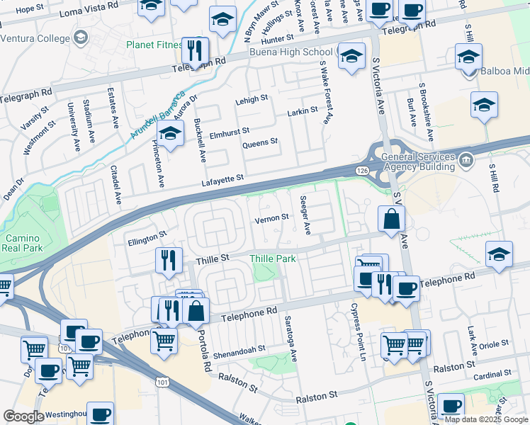 map of restaurants, bars, coffee shops, grocery stores, and more near 5352 Dresden Court in Ventura