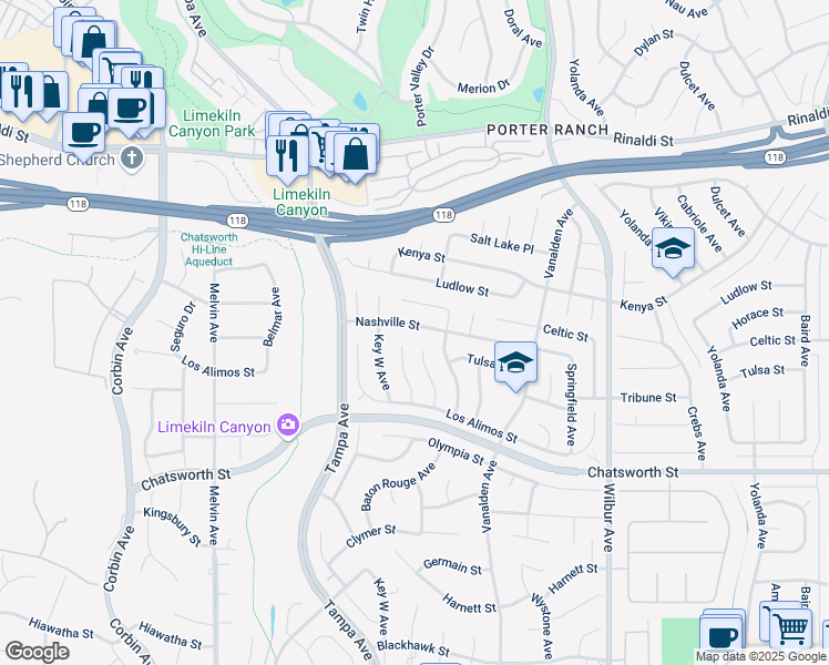 map of restaurants, bars, coffee shops, grocery stores, and more near 19234 Nashville Street in Los Angeles