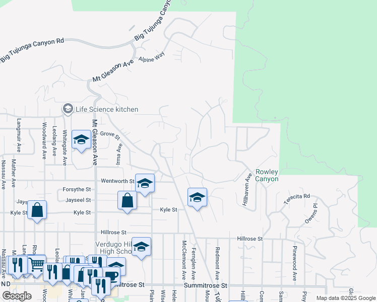 map of restaurants, bars, coffee shops, grocery stores, and more near 7450 Chanteclair Court in Los Angeles