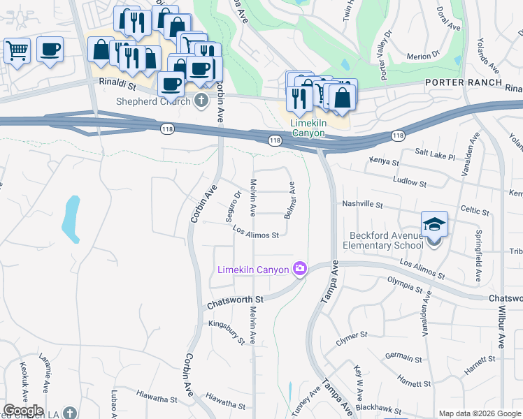 map of restaurants, bars, coffee shops, grocery stores, and more near 19559 Tulsa Street in Los Angeles