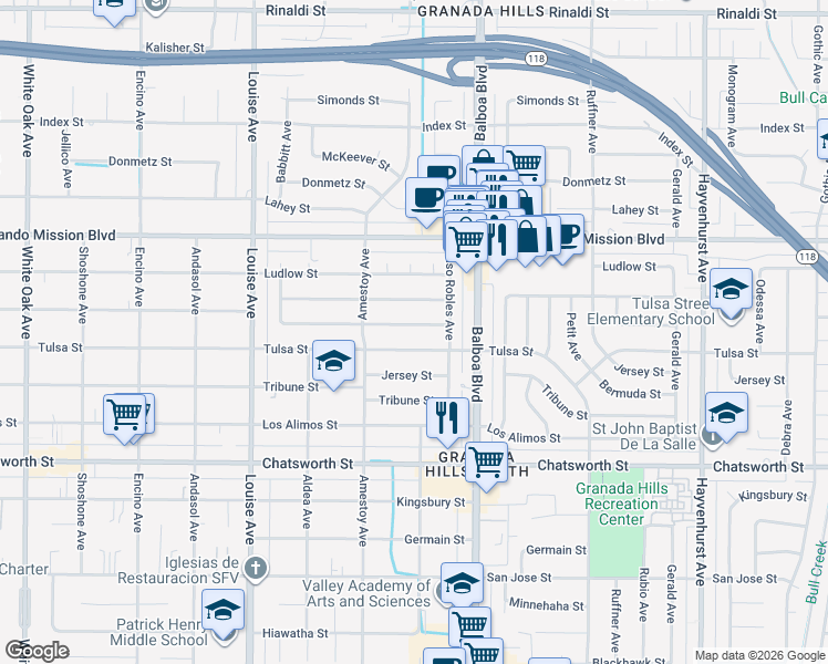 map of restaurants, bars, coffee shops, grocery stores, and more near 17068 Celtic Street in Los Angeles