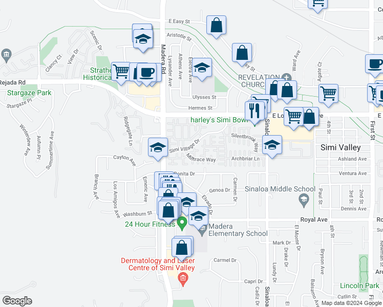 map of restaurants, bars, coffee shops, grocery stores, and more near 148 Nightwind Lane in Simi Valley