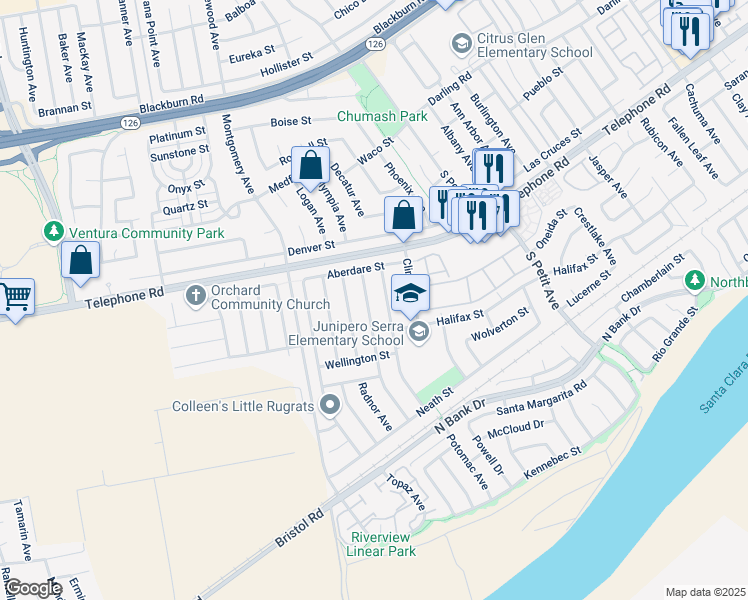 map of restaurants, bars, coffee shops, grocery stores, and more near 1282 Swansea Avenue in Ventura