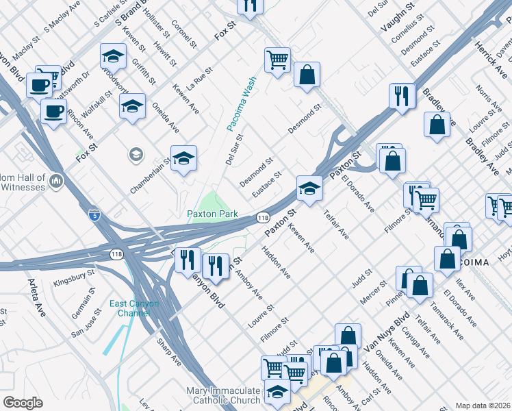 map of restaurants, bars, coffee shops, grocery stores, and more near 10940 Oneida Avenue in Los Angeles