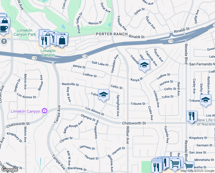 map of restaurants, bars, coffee shops, grocery stores, and more near 19040 Celtic Street in Los Angeles