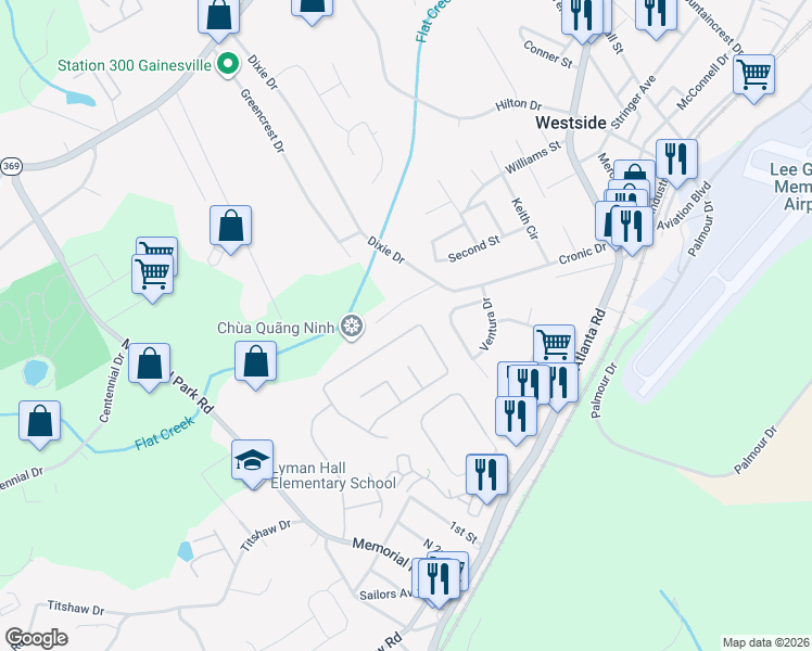 map of restaurants, bars, coffee shops, grocery stores, and more near 2690 Buena Vista Circle in Gainesville