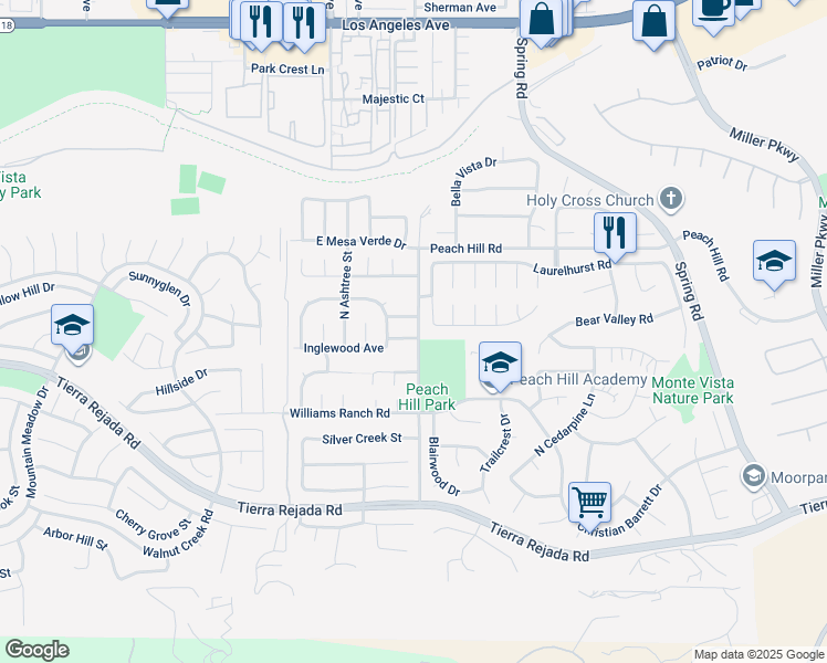 map of restaurants, bars, coffee shops, grocery stores, and more near 13191 Honeybee Street in Moorpark