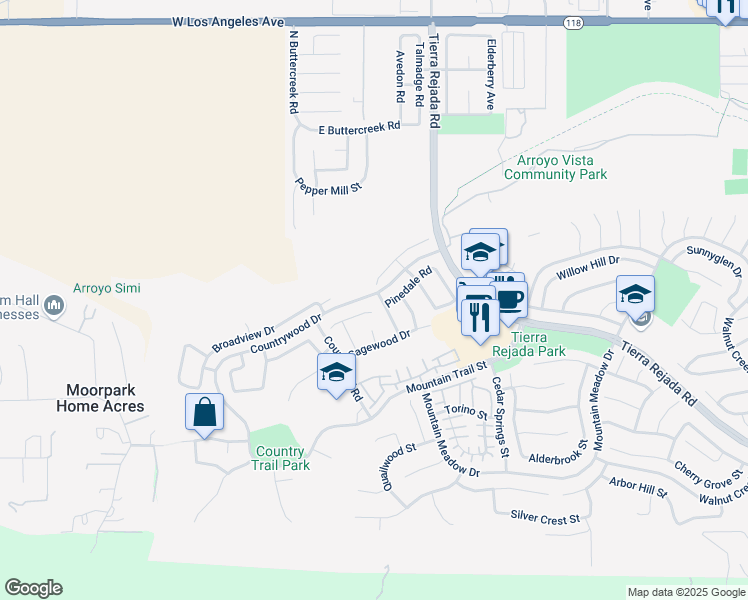 map of restaurants, bars, coffee shops, grocery stores, and more near 4395 Timberdale Road in Moorpark