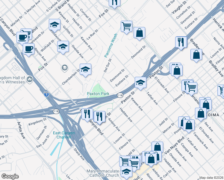map of restaurants, bars, coffee shops, grocery stores, and more near 10940 Oneida Avenue in Los Angeles
