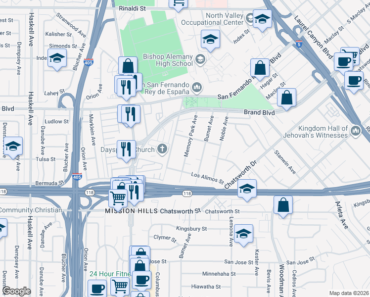 map of restaurants, bars, coffee shops, grocery stores, and more near 10959 Memory Park Avenue in Los Angeles