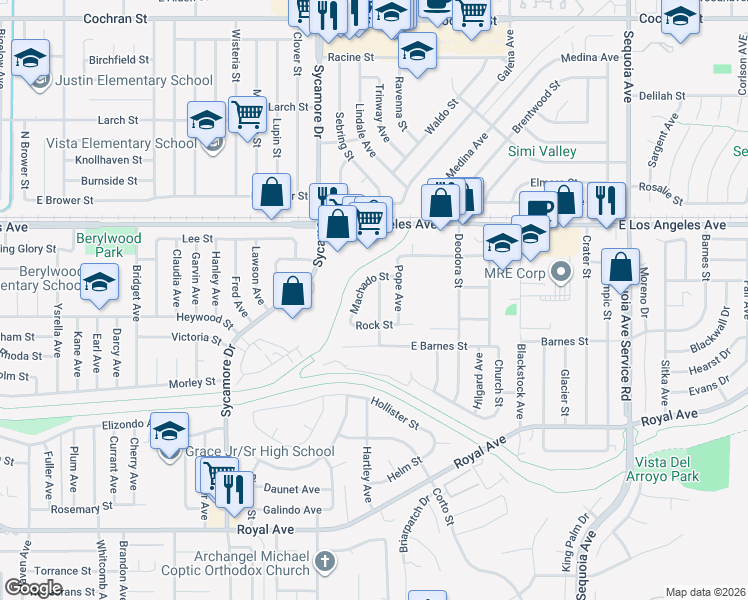 map of restaurants, bars, coffee shops, grocery stores, and more near 1771 Orr Avenue in Simi Valley