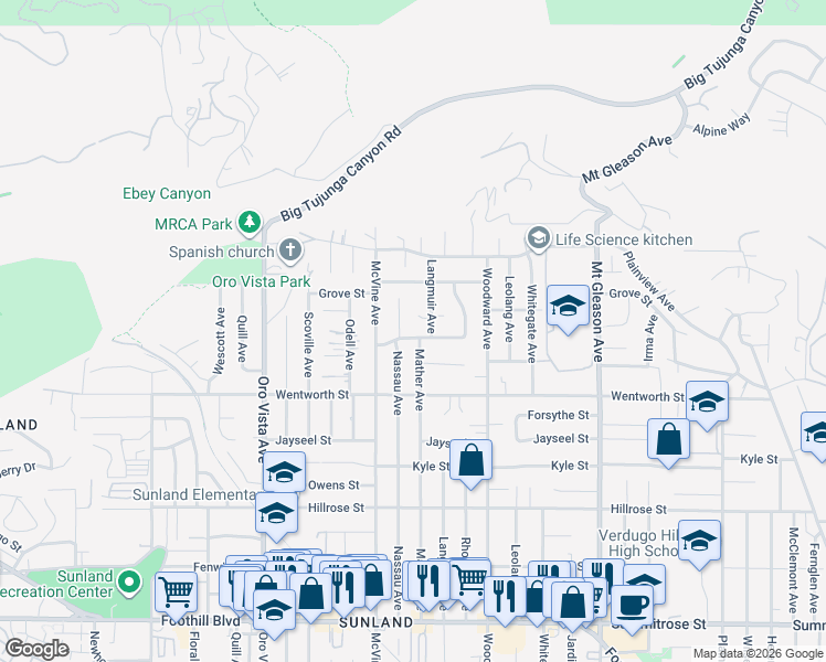map of restaurants, bars, coffee shops, grocery stores, and more near 8119 Graystone Street in Los Angeles
