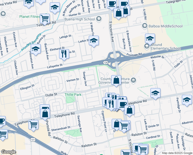 map of restaurants, bars, coffee shops, grocery stores, and more near 704 Tierney Avenue in Ventura