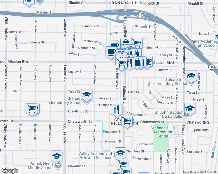 map of restaurants, bars, coffee shops, grocery stores, and more near 17062 Celtic Street in Los Angeles