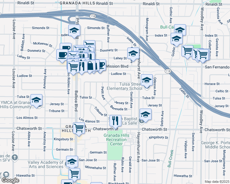 map of restaurants, bars, coffee shops, grocery stores, and more near 16738 Celtic Street in Los Angeles