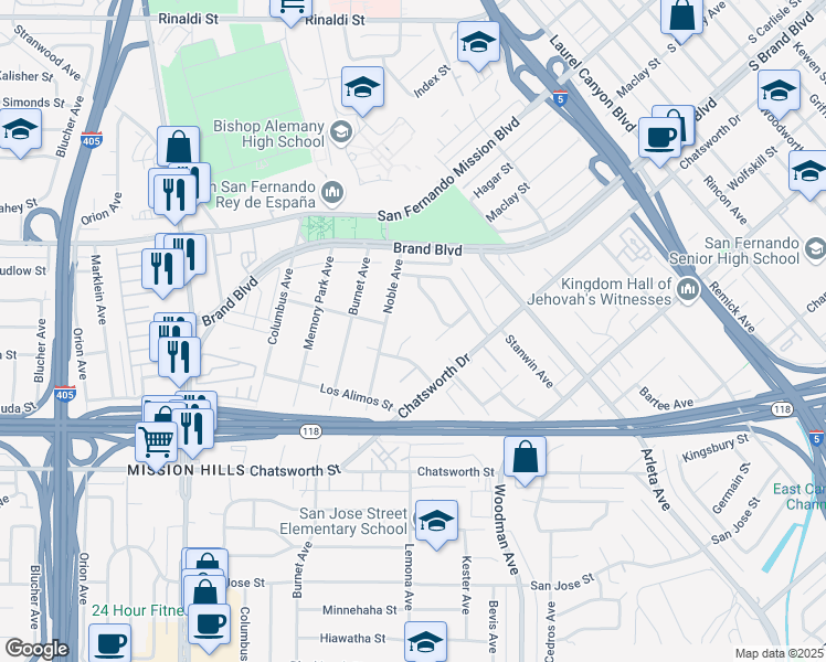 map of restaurants, bars, coffee shops, grocery stores, and more near 14939 Mankato Street in Los Angeles