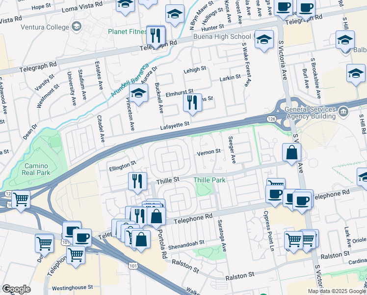 map of restaurants, bars, coffee shops, grocery stores, and more near 281 Rodgers Street in Ventura