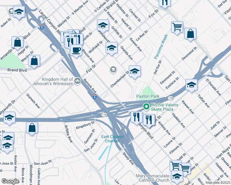 map of restaurants, bars, coffee shops, grocery stores, and more near 10918 Laurel Canyon Boulevard in San Fernando