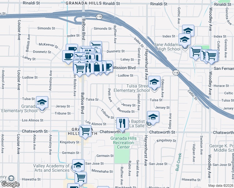 map of restaurants, bars, coffee shops, grocery stores, and more near 10926 Ruffner Avenue in Los Angeles