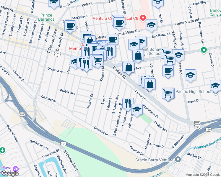 map of restaurants, bars, coffee shops, grocery stores, and more near 301 South Brent Street in Ventura