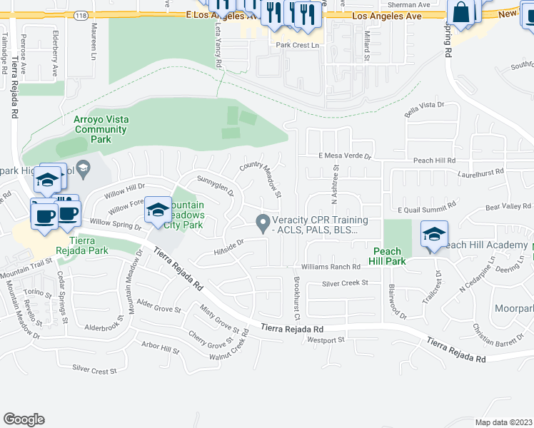 map of restaurants, bars, coffee shops, grocery stores, and more near 4292 Ambermeadow Street in Moorpark