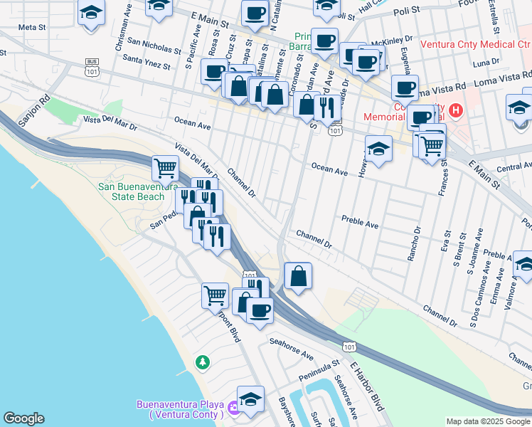 map of restaurants, bars, coffee shops, grocery stores, and more near 2210 Channel Drive in Ventura