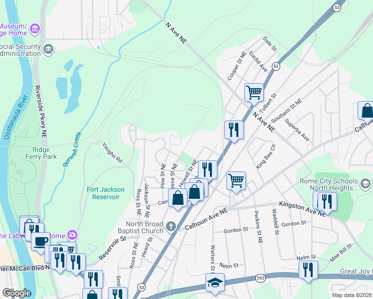 map of restaurants, bars, coffee shops, grocery stores, and more near 406 Reece Street Northeast in Rome