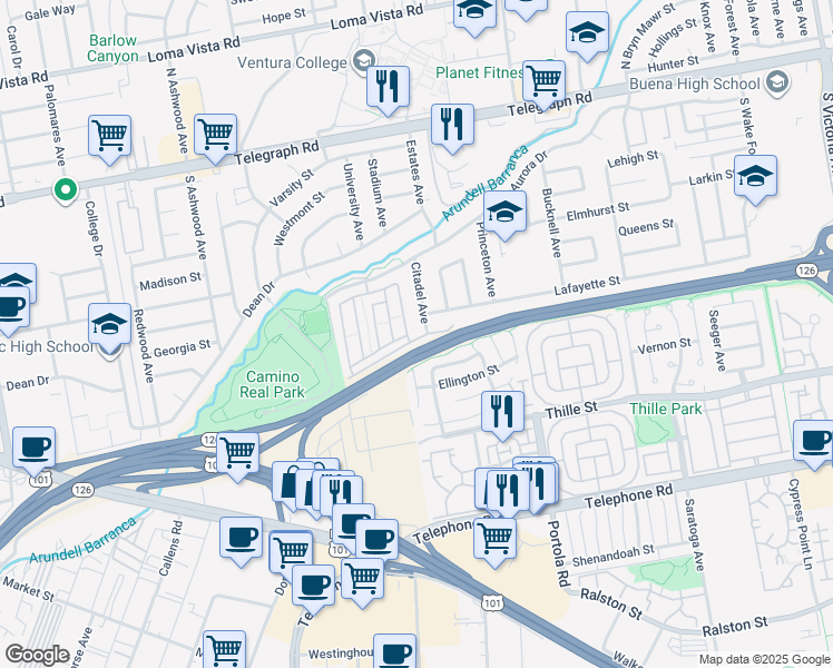 map of restaurants, bars, coffee shops, grocery stores, and more near 122 Fairfield Circle in Ventura