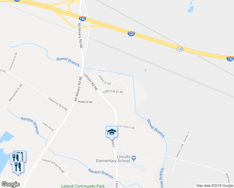 map of restaurants, bars, coffee shops, grocery stores, and more near 1883 Neese Circle Northeast in Leland