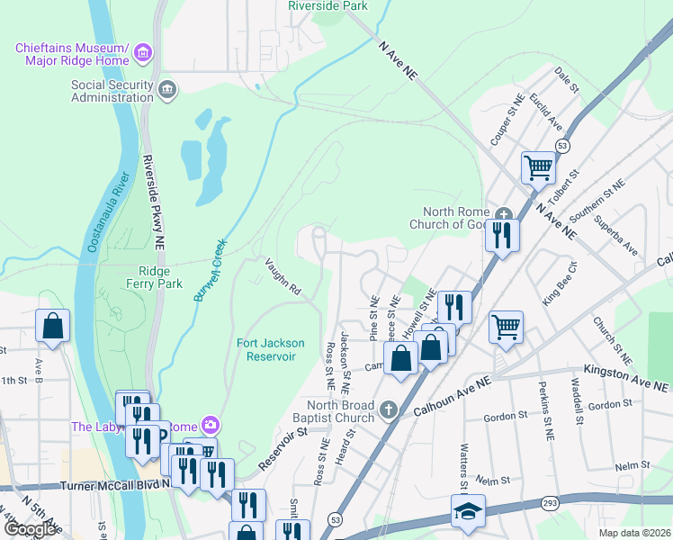 map of restaurants, bars, coffee shops, grocery stores, and more near 349 Ross Street Northeast in Rome