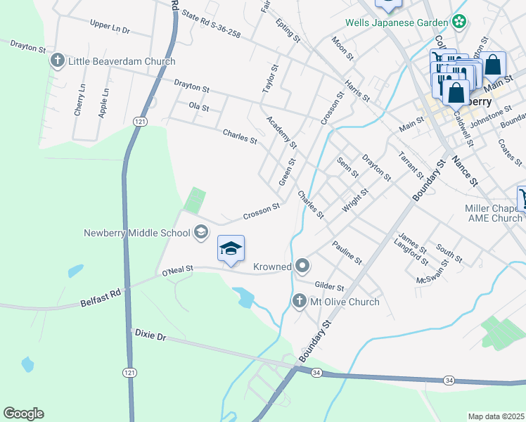 map of restaurants, bars, coffee shops, grocery stores, and more near Crosson Street in Newberry