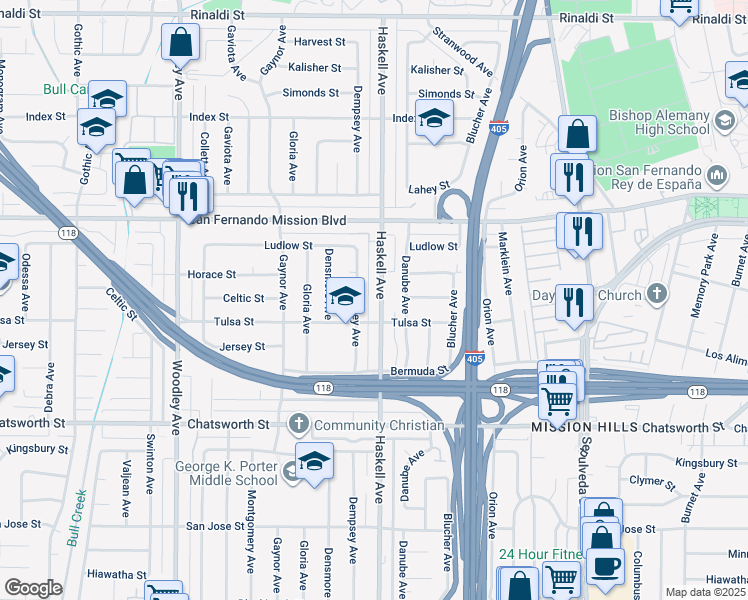 map of restaurants, bars, coffee shops, grocery stores, and more near 10928 Haskell Avenue in Los Angeles