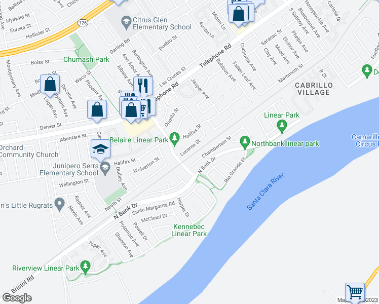 map of restaurants, bars, coffee shops, grocery stores, and more near 9550 Lucerne Street in Ventura