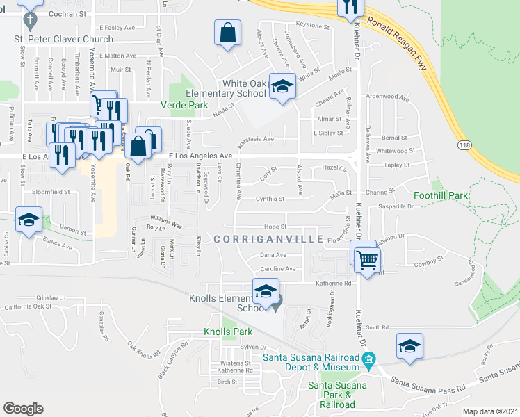 map of restaurants, bars, coffee shops, grocery stores, and more near 6261 Melia Street in Simi Valley