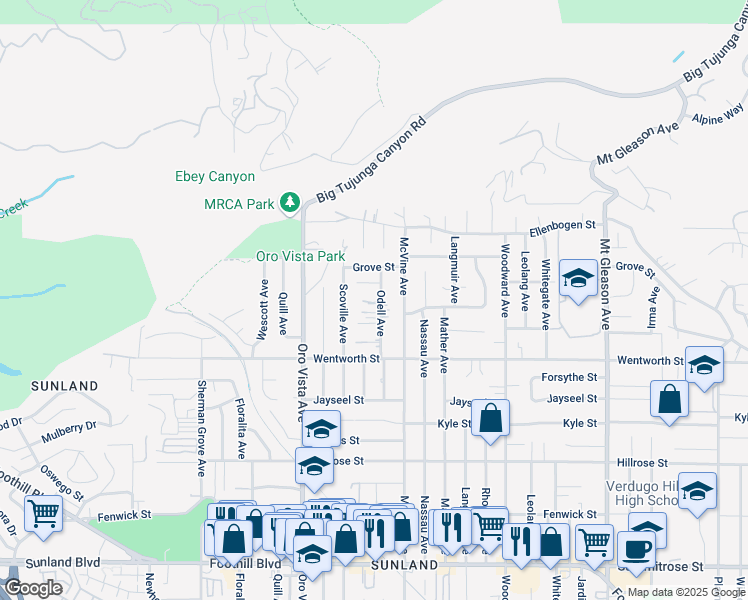 map of restaurants, bars, coffee shops, grocery stores, and more near 11009 Odell Avenue in Los Angeles